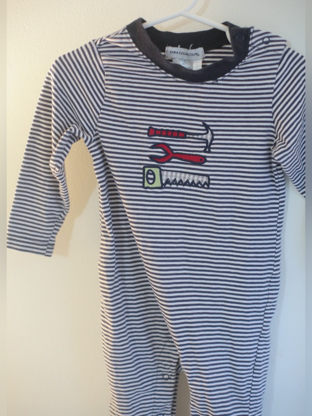 Tara Collection 12M Navy Stripe Tool Embroidered Long Sleeve Romper